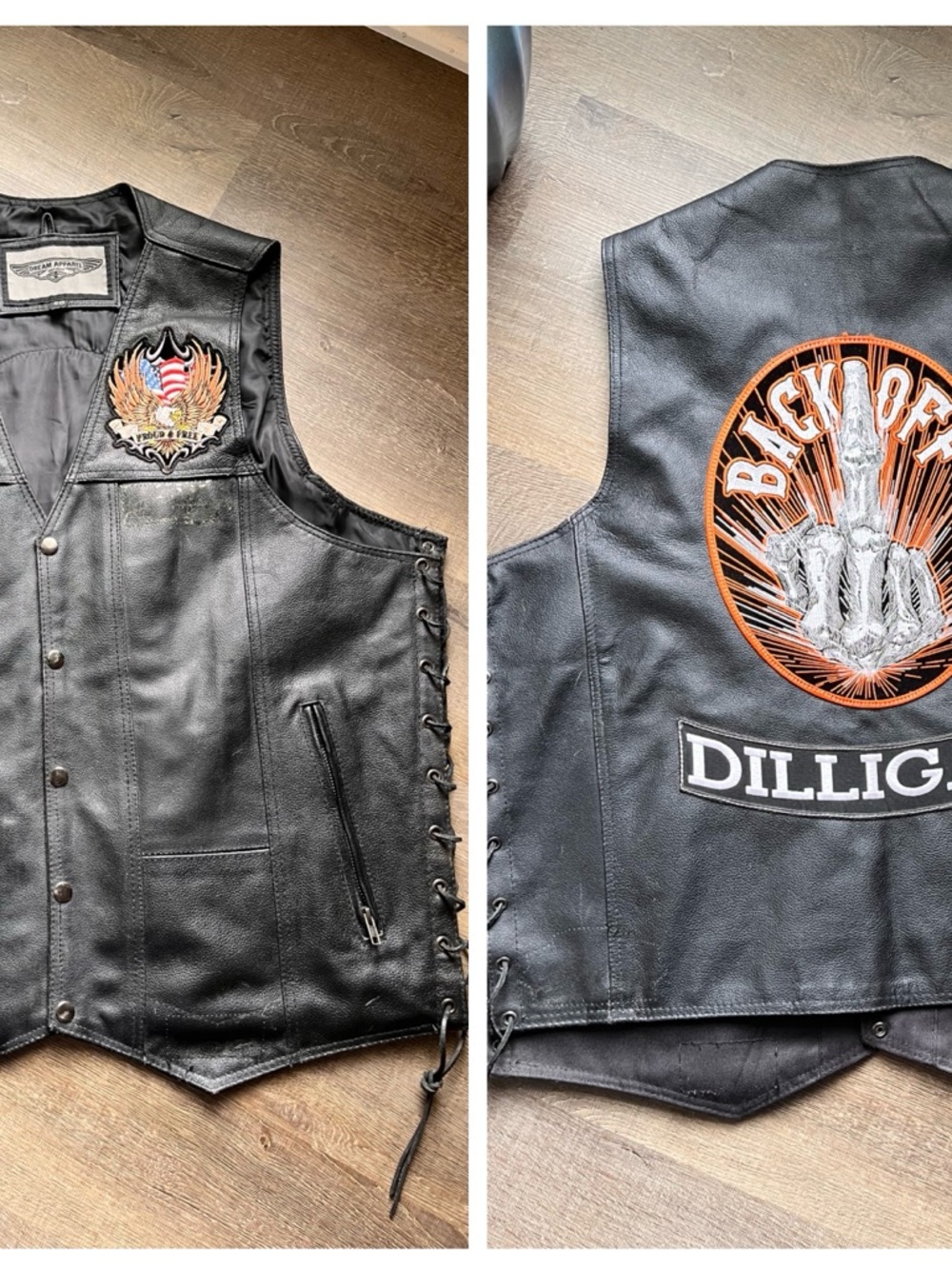 Men’s Leather Motorcycle Biker Vest Size 50 Black Patches DILLlGAF
